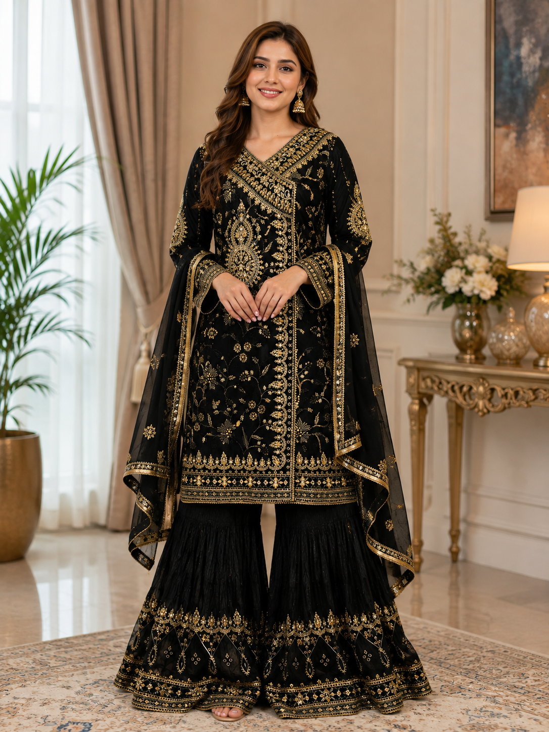 Black & Gold Embroidered Sharara 3-Piece Suit medium size
