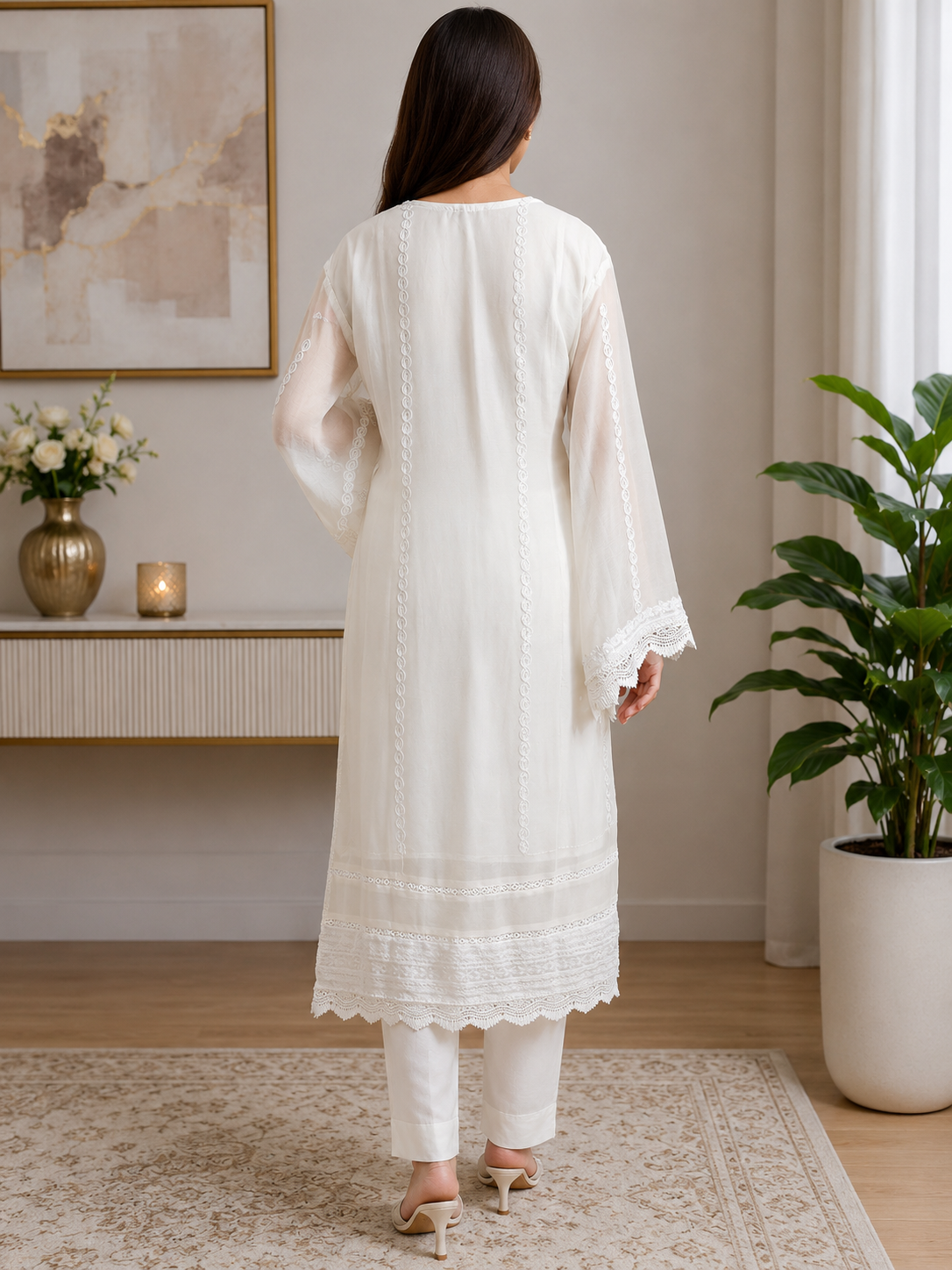 Elegant White Embroidered 3 Piece Suit (large size)
