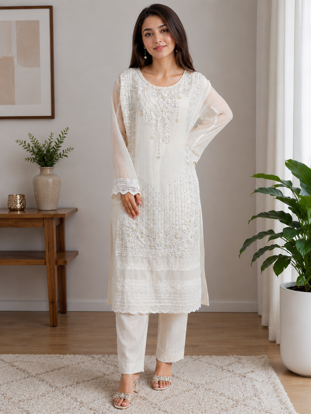Elegant White Embroidered 3 Piece Suit (large size)