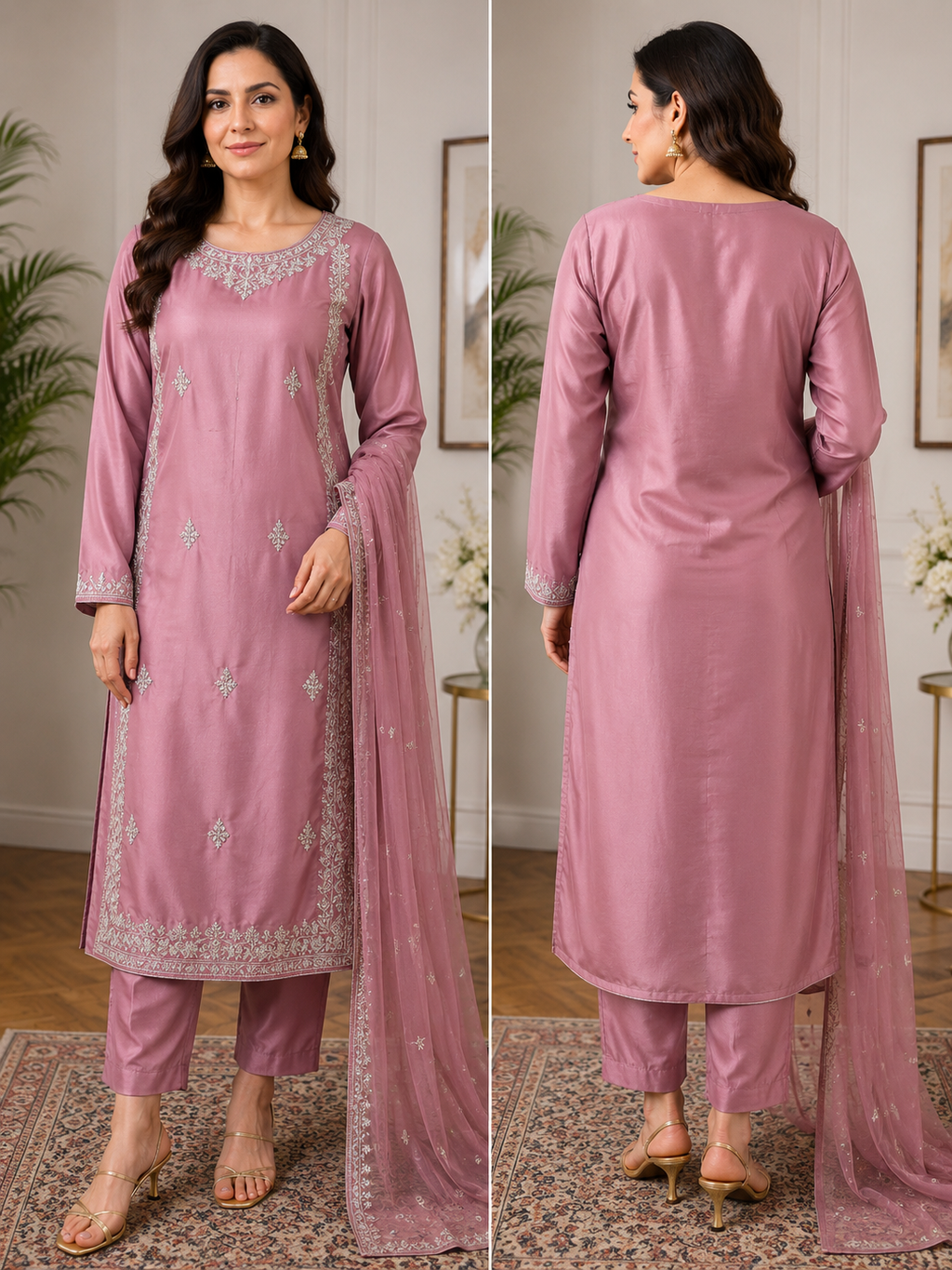 Elegant Pink Embroidered 3-Piece Suit small size