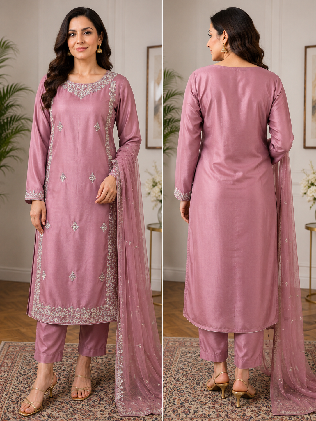 Elegant Pink Embroidered 3-Piece Suit small size