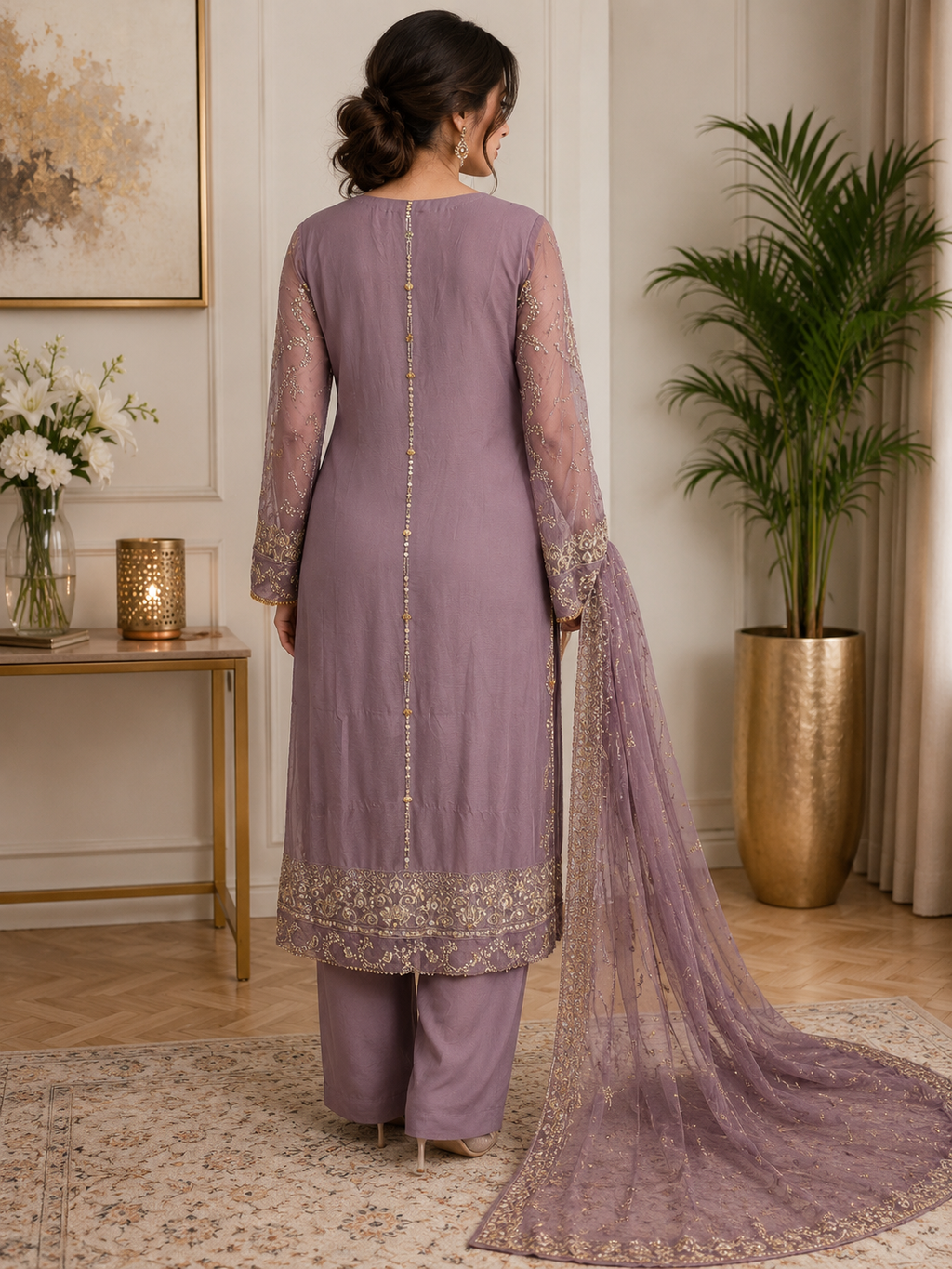 Elegant Mauve Embroidered Chiffon 3-Piece Suit medium size