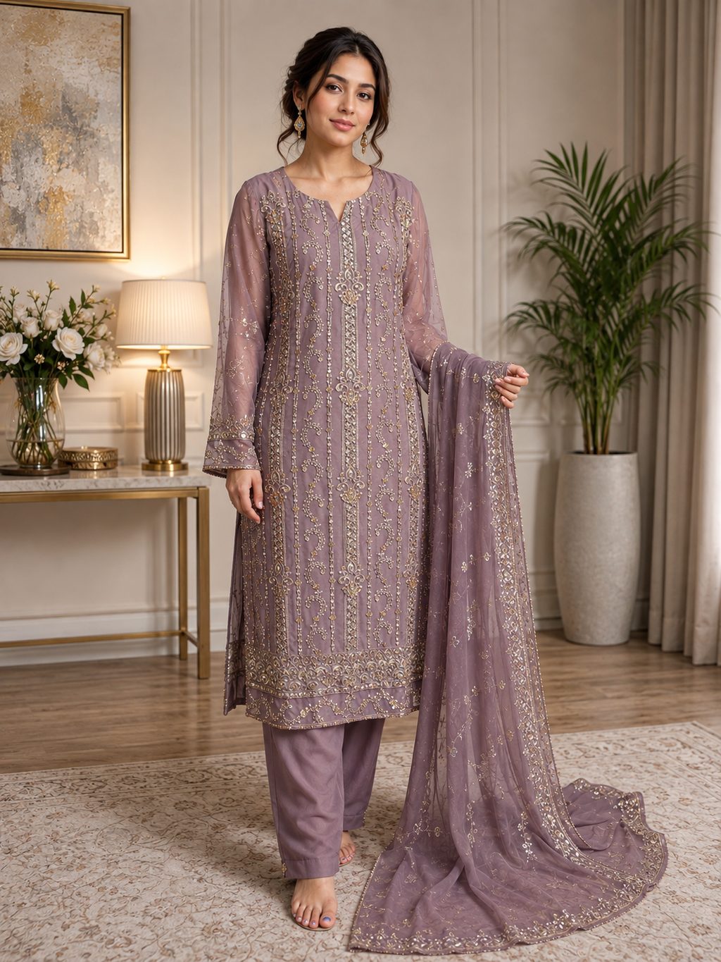 Elegant Mauve Embroidered Chiffon 3-Piece Suit medium size