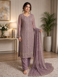 Elegant Mauve Embroidered Chiffon 3-Piece Suit medium size