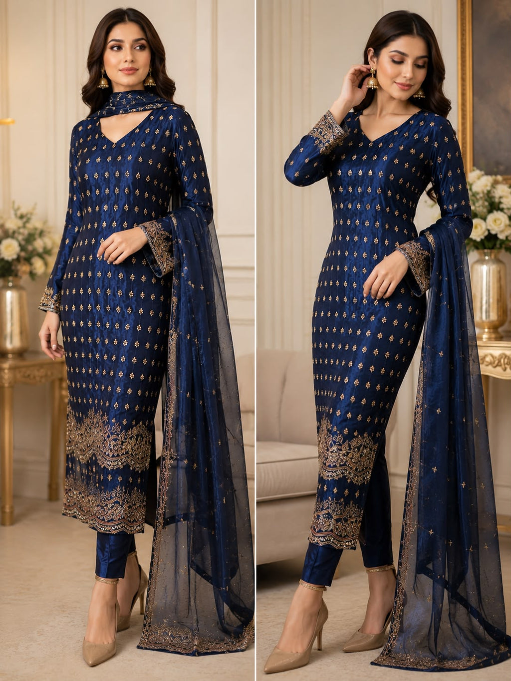 Luxury Hand-Embellished Cut Dana Formal Wear – Navy Blue 3-Piece Suit large size