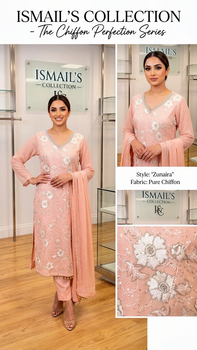 Zunaira – Peach Blossom Pure Chiffon Suite with Embroidered Floral Motifs (large size)