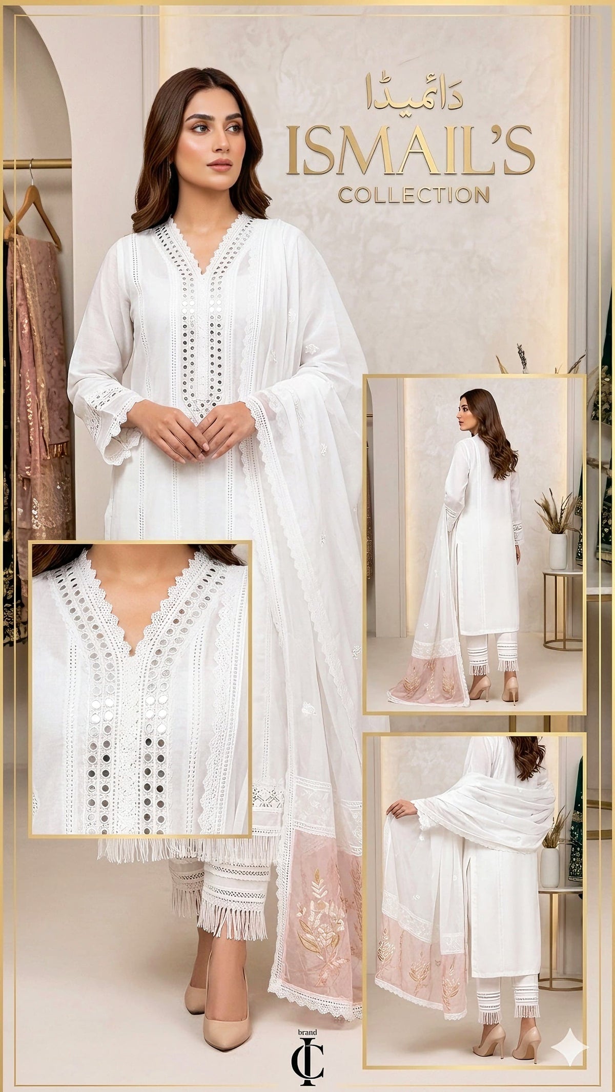 Pure Ivory Luxe – Intricately Detailed Chiffon Suit with Mirror-Work Accents (Medium size)